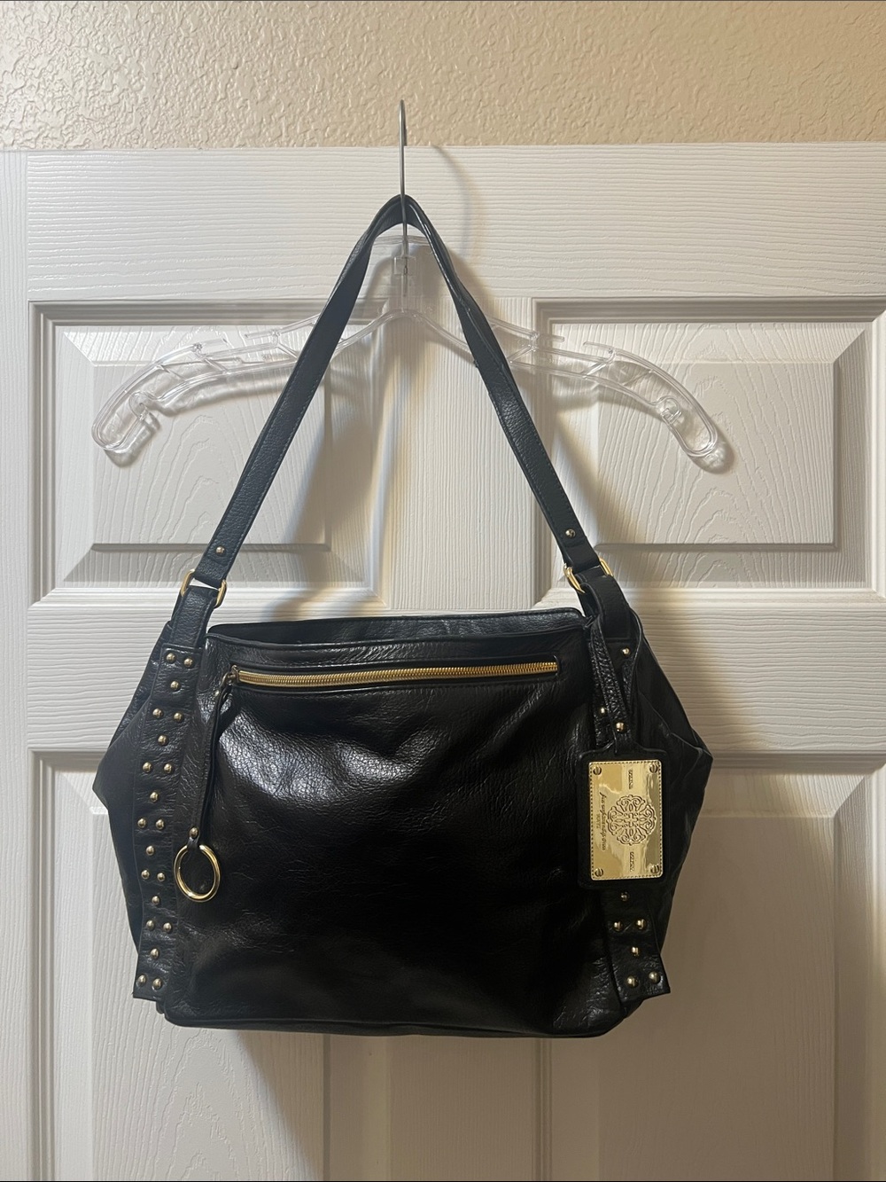 Isabella Fiore Solina Black Leather Shoulder Bag Studded Hobo Tote Gold Hardware